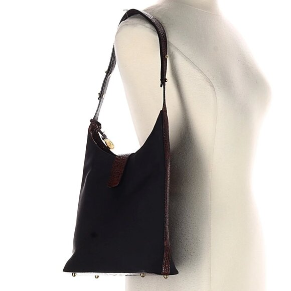 Vintage Brahmin Solid Dark Nylon Croc Style Leather Handle Accents Shoulder Bag - Picture 2 of 16